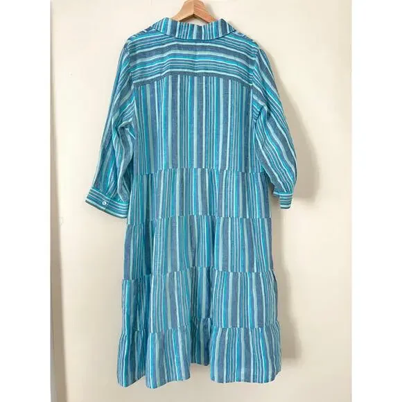 Soft Surroundings Blue Striped Midi Tiered Women's Dress A-Line XL 100% Linen - Picture 4 of 5